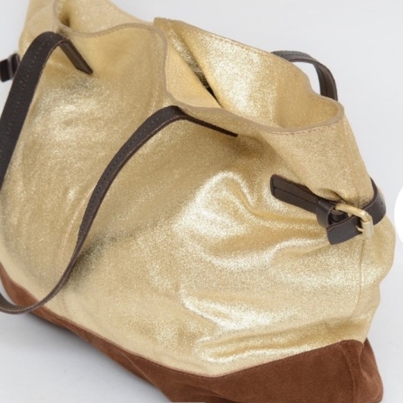 BODEN Metallic & Suede Genuine Leather Tote/Shoulder Bag, Buckled Side Detailing - Picture 2 of 10